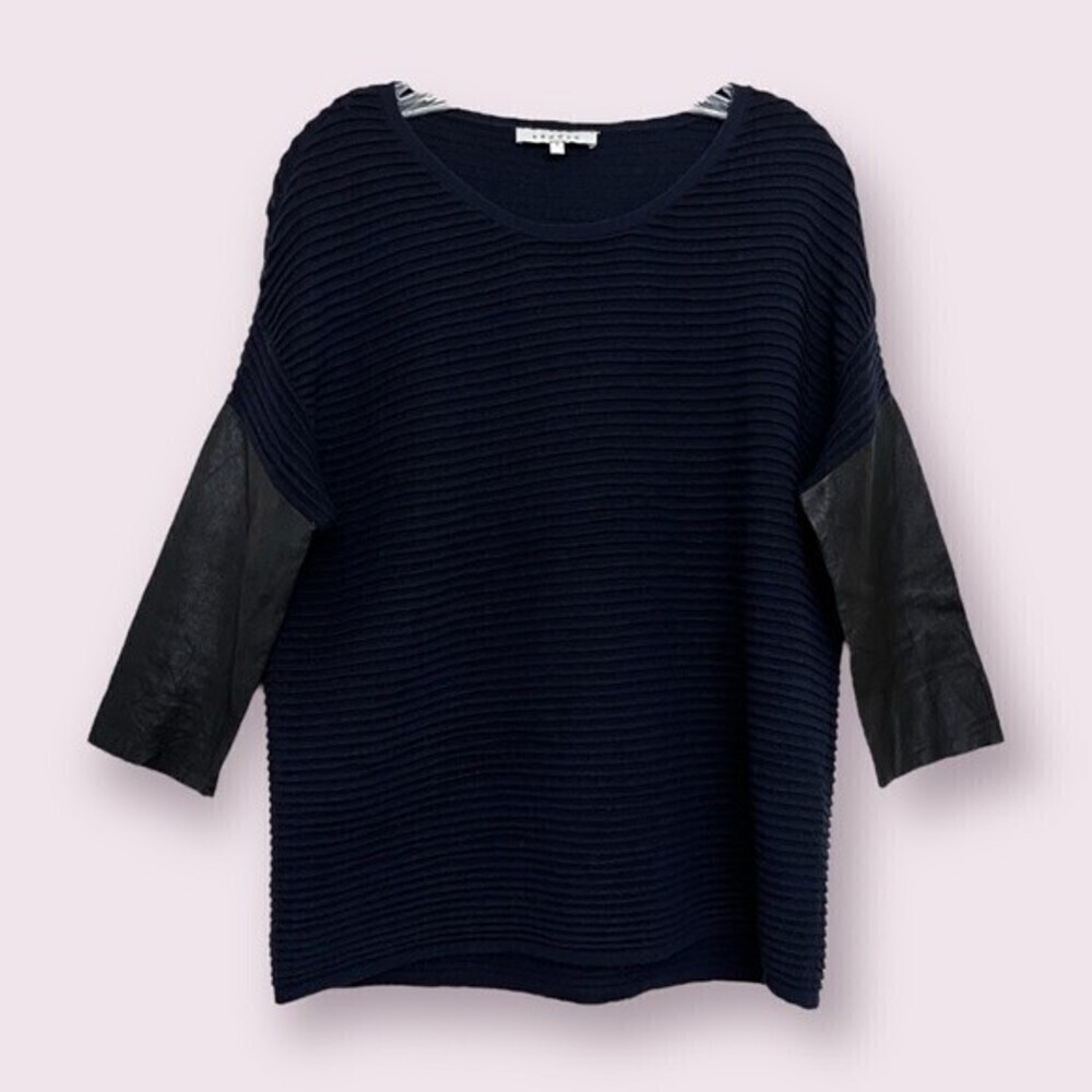 Sandro Paris Wool Sweater Ribbed Navy Black Leather Sleeves Womens Size Small